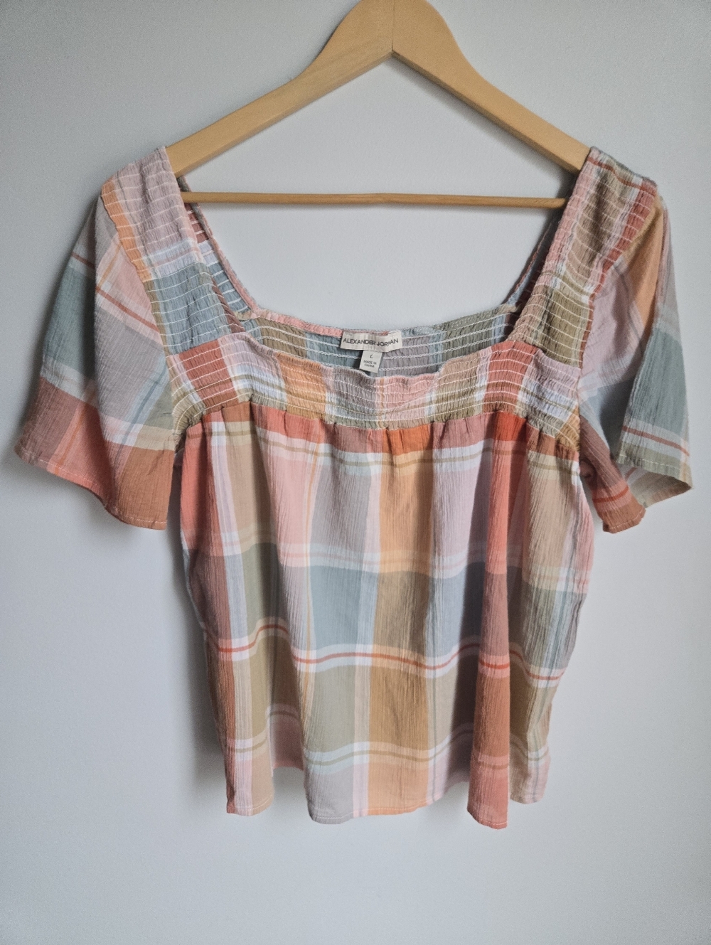 ALEXANDER JORDAN Pastel Plaid Square-Neck Lightweight Cotton Blouse